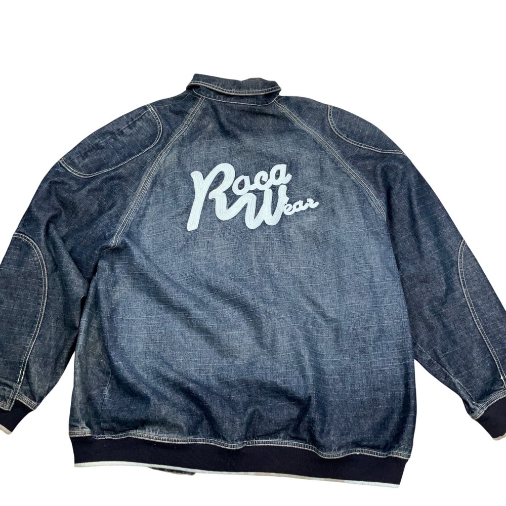 Rocawear Denim Bomber Jacket Mens XL Blue Stitched Logo Y2K Hip Hop Streetwear